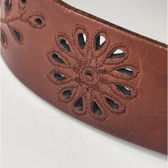 Vintage Ralph Lauren Leather Floral Brass Logo Buckle Belt Embroidery eyelash - Picture 3 of 5